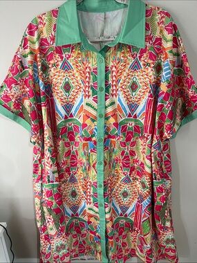 Vibrant Multicolor Button-Front Women's Dress with Mint Trim
